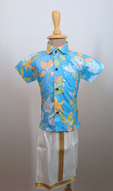 Infants  Dapper blue floral half sleeve shirt with Pancha - Kanduva set